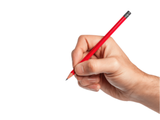 Hand holding red pencil writing on black background image, Isolated, Png Transparent Background