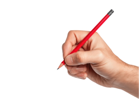 Hand holding red pencil writing on black background image, Isolated, Png Transparent Background