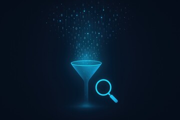 Data filtering and analysis concept with funnel and magnifying glass