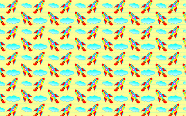 Obraz premium Seamless pattern with rockets and clouds. Rocket cloud seamless pattern. Cute cartoon of rockets launching into space. Cartoon kids cartoon seamless pattern background. Flying rocket illustration.
