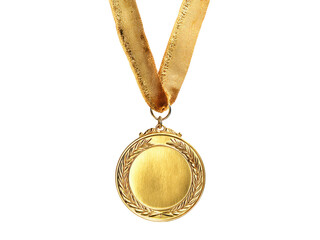 Golden medal with laurel wreath and ribbon award victory, Isolated, Png Transparent Background