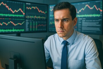 Man analyzing stock market data on multiple monitors in office