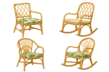 Rattan and wicker chairs collection featuring rocking chairs with tropical and plain cushions, transparent background