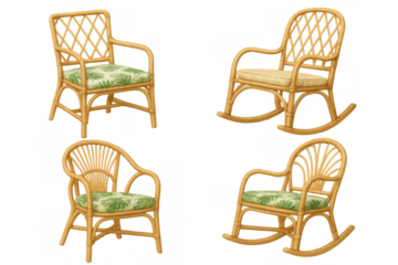 Rattan and wicker chairs collection featuring rocking chairs with tropical and plain cushions, transparent background