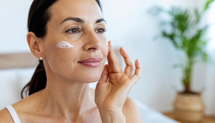 Close up beauty portrait of a mature woman 40 years old is applying a facial skin care cream swatch on her face. 