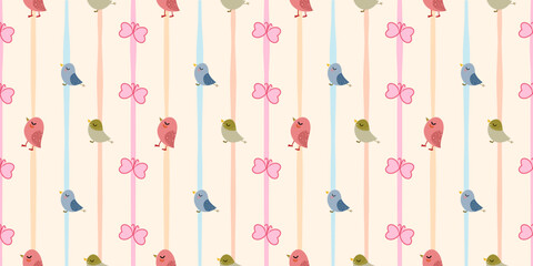 Seamless pattern of little birds with pink ribbons and decorative elements suitable for backgrounds, fabrics, banners, wrapping paper.