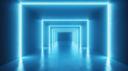 Neon blue light tunnel corridor with a perspective view.