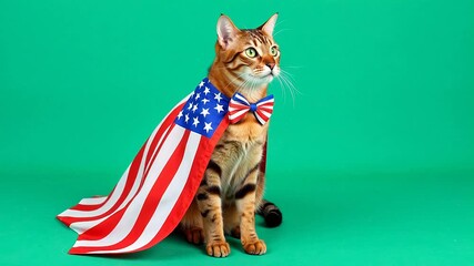 Patriotic Cat in American Flag Cape on Green Scree