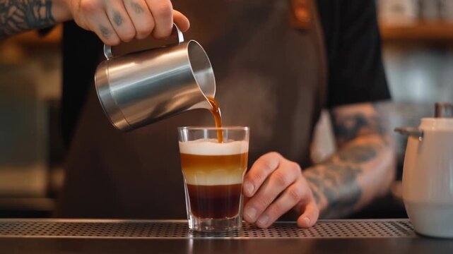Bartender serving coffee and beer in a cafe with drinks on the table