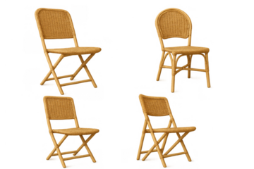 Rattan wicker folding and occasional chairs set, diverse wooden furniture collection on transparent background