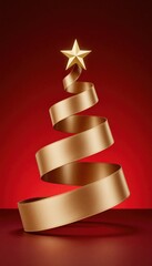 Elegant Gold Satin Spiral Christmas Tree with Star on Red Background