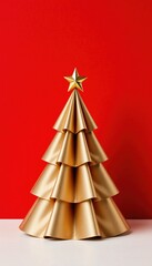 Elegant Gold Christmas Tree Decoration on Bright Red Background