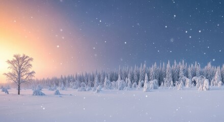 Winter landscape with snow falling gently on a snowcovered forest and a single tree during sunset