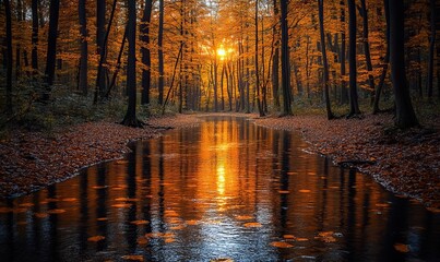 Golden sunset reflecting on a forest stream in an autumn scene