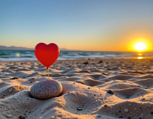Fototapeta premium Solitary Gray Stone with Red Heart Balloon Sunset