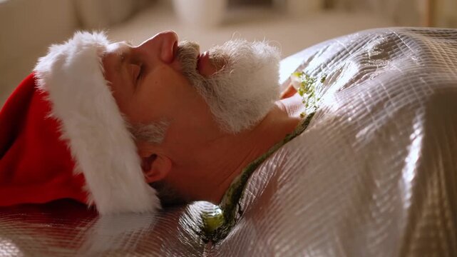 Santa Claus wrapped up after a detoxifying algae body wrap. A soothing Christmas spa video for detox and wellness retreats.