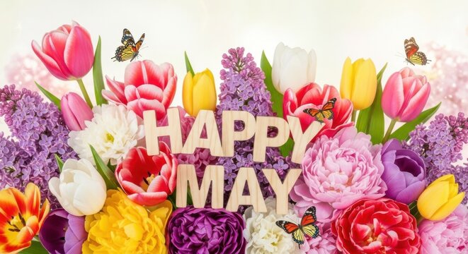 Happy may text with colorful tulips, peonies and butterflies - Powered by Adobe