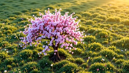 Obraz premium Aerial View Blooming Cherry Tree Sunrise