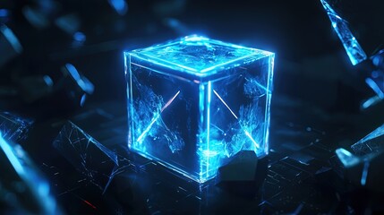 A glowing, blue cube sits amidst shattered fragments.