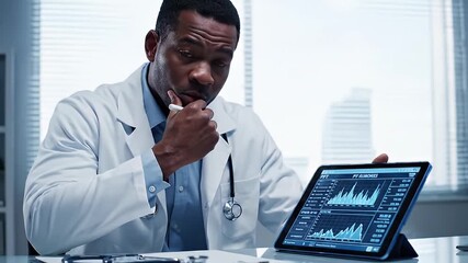Pensive doctor analyzing patient data - Powered by Adobe