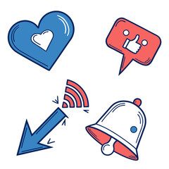 Social media icons with heart, like, arrow, wifi, and notification bell