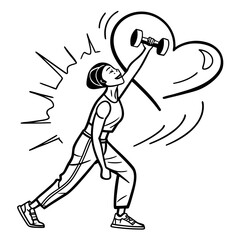 Woman lifting dumbbell over head with heart and rays isolated on