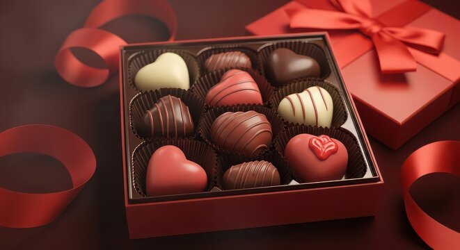 Assortment of heart shaped chocolates in a gift box with red ribbon
