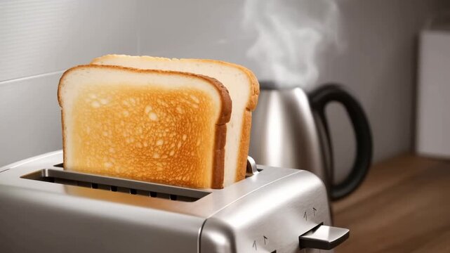 Close-up shot of two slices of freshly toasted bread in a toaster with steam rising up Stock Video