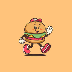 Cute smiling burger mascot running happily in classic retro illustration style.