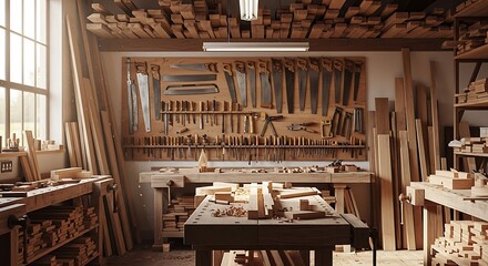 Traditional Woodworking Shop with Tools and Lumber Storage