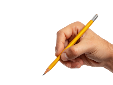 Person holding yellow pencil writing on black background hand, Isolated, Png Transparent Background