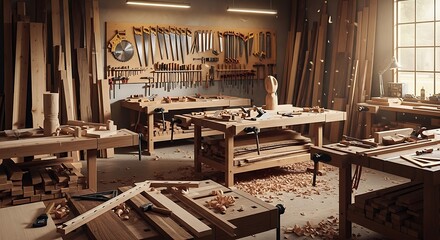 Authentic Woodworking Workshop Interior with Tools and Natural Light