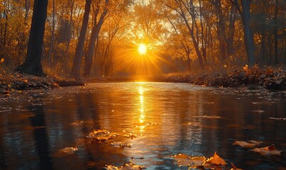 Golden hour sunlight reflecting off the gentle stream surrounded by autumn trees