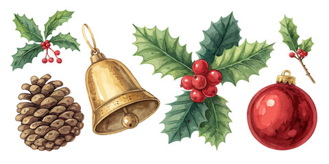 Vector  christmas  watercolor christmas elements including pinecone bell holly and ornament