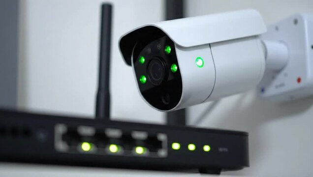 Close-up of surveillance camera and wireless router with LED lights, representing smart home security, video monitoring, and network connectivity.
