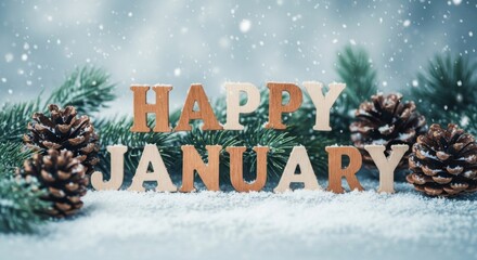 Happy january text with pine cones and snow, winter greeting