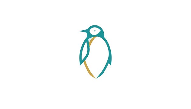 A minimalist depiction of a penguin with a streamlined design, featuring teal and gold accents on a white background