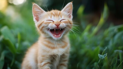 Joyful Ginger Kitten A Portrait of Pure Unadulterated Laughter in Lush Greenery.