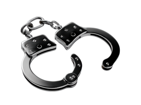 Polished metal handcuffs linked by chain against black steel silver, Isolated, Png Transparent Background