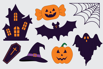 Halloween Vector Elements Set: Ghost, Pumpkin, Bat, Witch Hat, and Haunted House