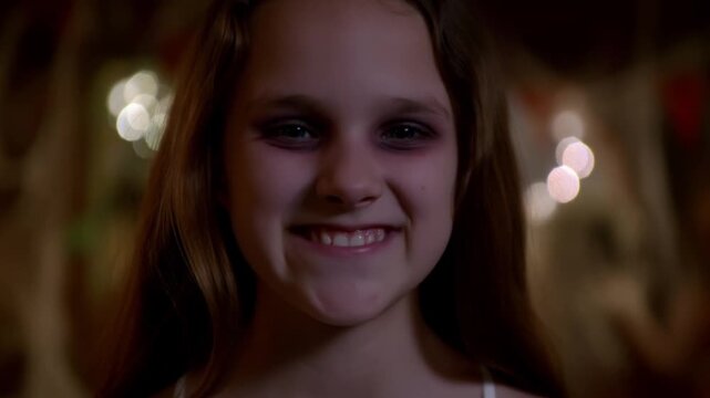A young girl with dark eyes and a smile that hides a chilling secret. The scene is illuminated by soft, bokeh lights creating an eerie atmosphere Stock Video
