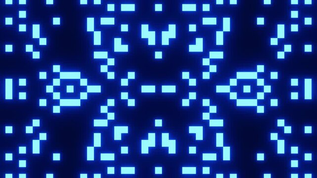 Blue pixel grid on black, animated squares forming shimmering digital matrix with depth and motion, seamless loop for technology, data visualization and futuristic interfaces