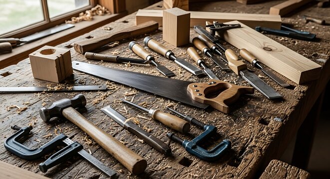 Assortment of Classic Woodworking Hand Tools on Rustic Workbench with Wood Pieces - Powered by Adobe