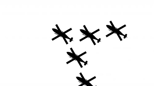 Five Helicopters Formation Flight To The Upper Left Animation on White Background.