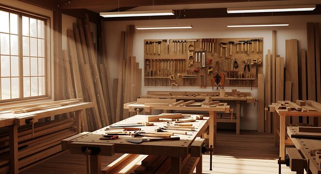 Artisan Woodworking Workshop Interior with Tools and Natural Light