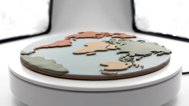 Flat Earth Map Model Spinning on Turntable White Background Studio Shot