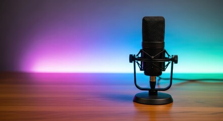 Professional microphone on wooden desk with colorful background lighting