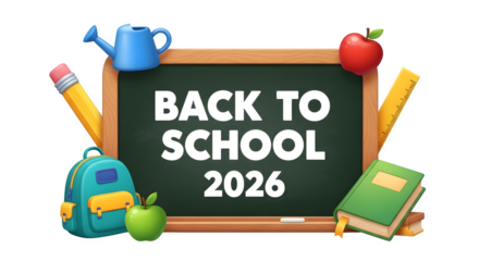 Back to school 2026 chalkboard with student supplies artwork