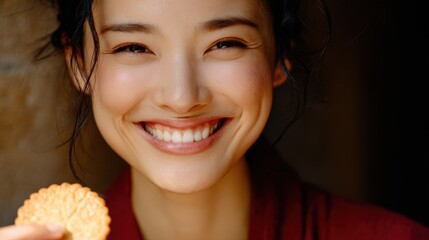 Naklejka premium Happy Japanese Girl Smiling and Holding a Cookie Close Up