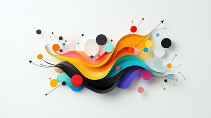 A dynamic composition of layered, colorful paper waves and scattered dots with thin connecting lines on a clean white background.
